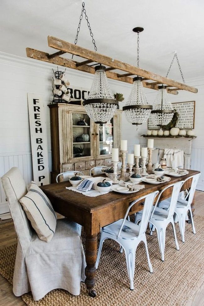 Crystal Chandeliers Over Farmhouse Wood