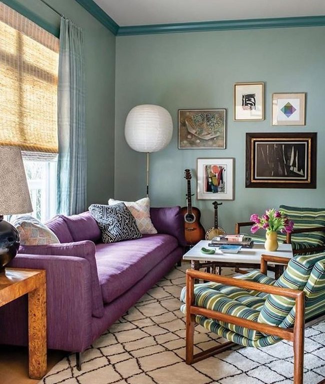 Purple Furniture Meets Soft Green Walls