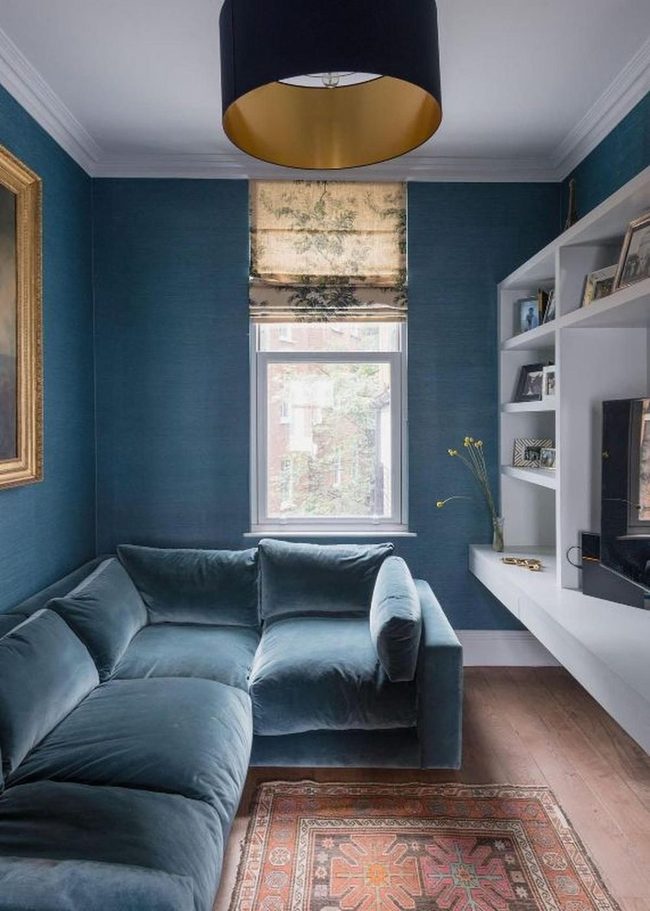 Deep Blue Living Room With Patterned Rug