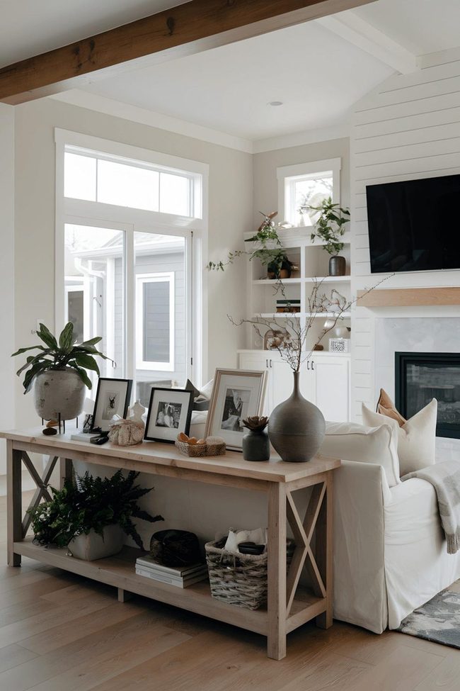 Sunlit Living Room With Earthy Walnut Console Display