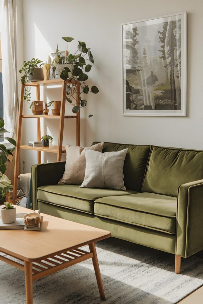Green Velvet Sofa, Neutral Walls, Earthy Light