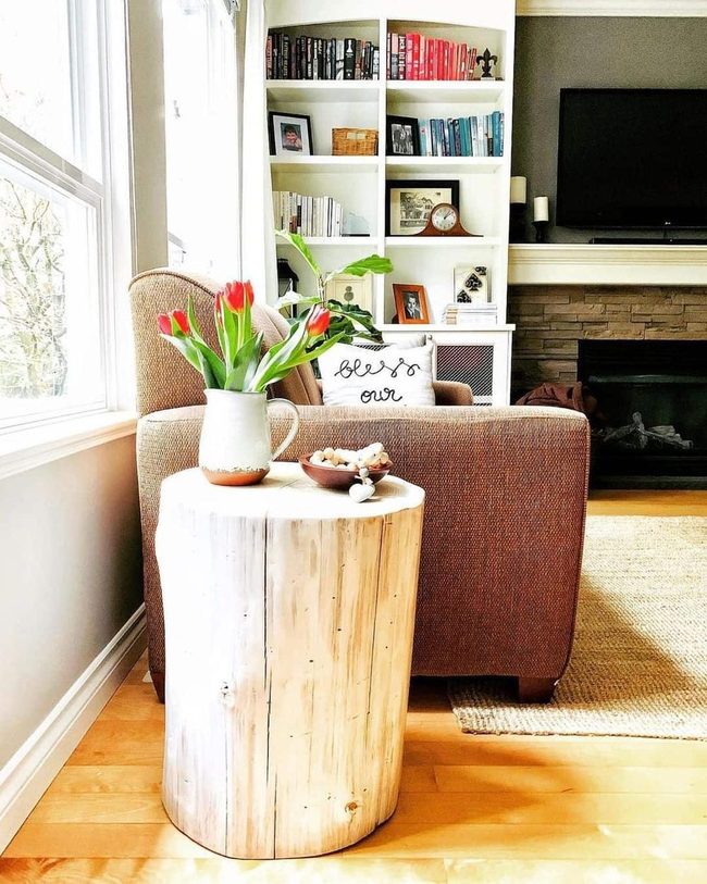 Raw Wood Tables With Pink Tulips