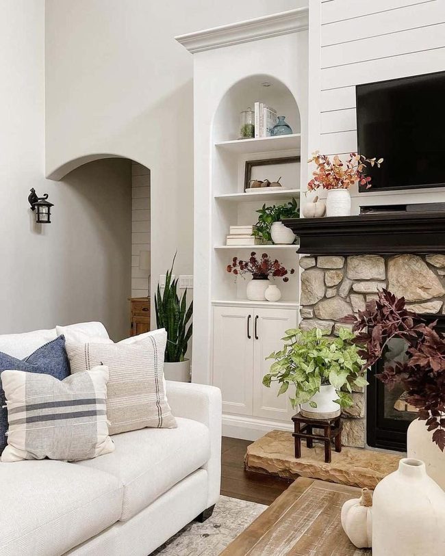 Exposed Brick Fireplace Meets Modern Blue
