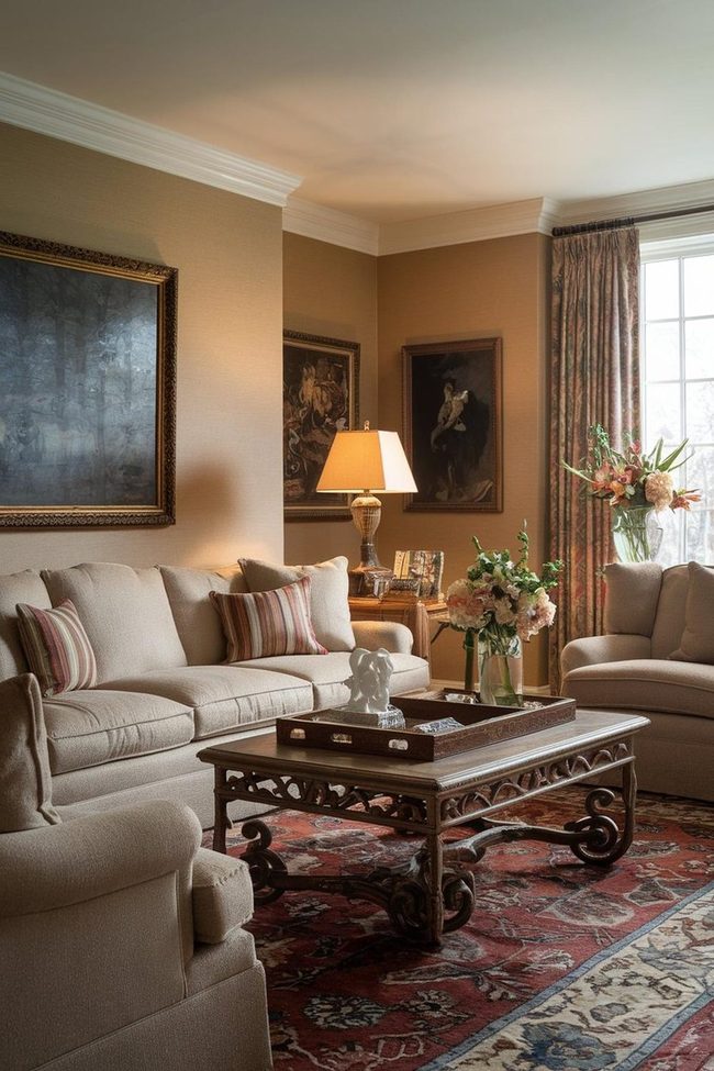 Beige Sofa with Ornate Wood