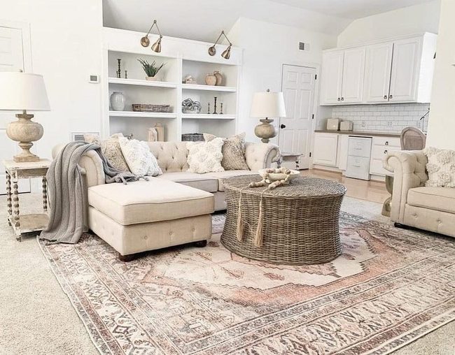 Tufted Sofa Anchors Neutral Living Space