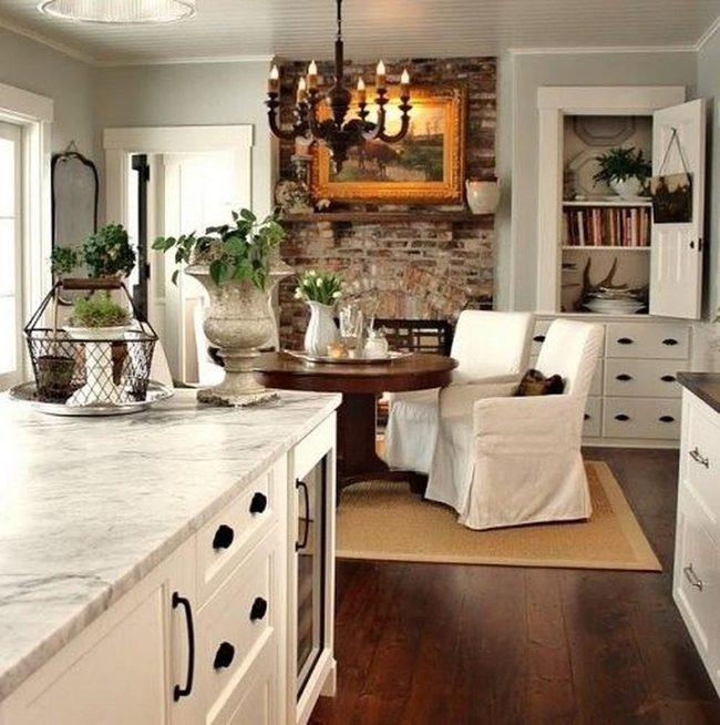 White Marble Kitchen With Black Chandelier