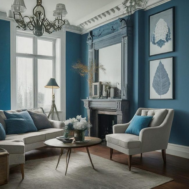 Illumination Blue Sofa With Wooden Beams