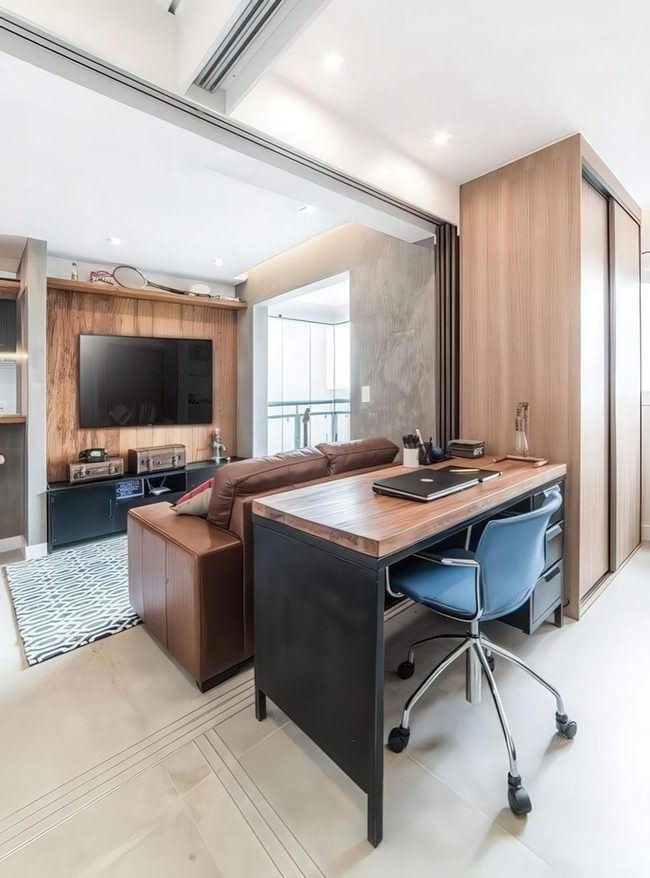 Brown Leather Couch Meets Productive Desk