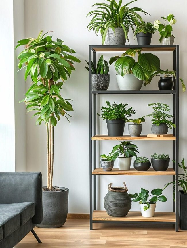 Green Leafy Corner With Wooden Shelves