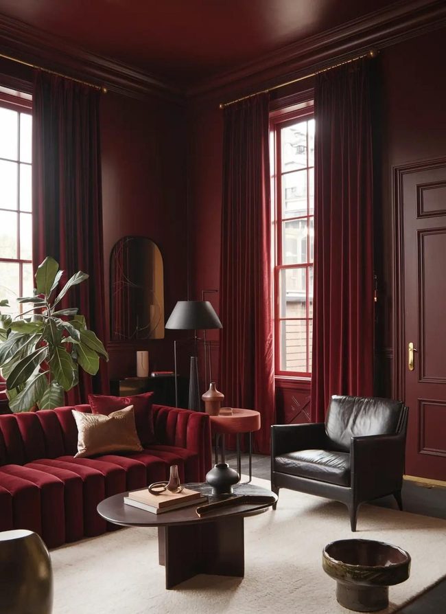 Burgundy Walls With Brass Accents