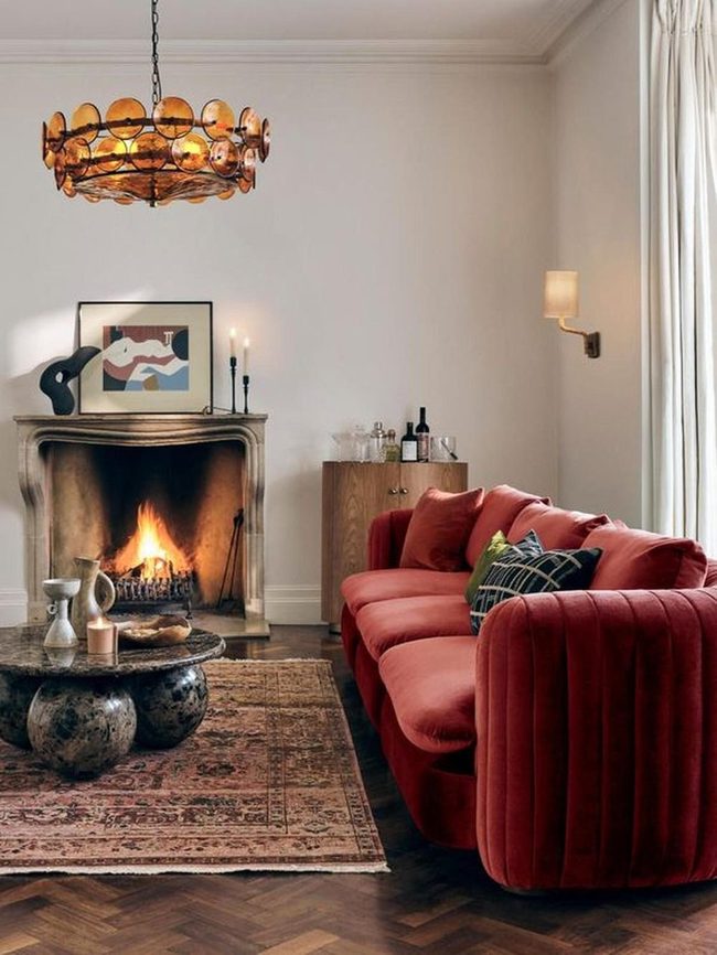 Deep Red Velvet Stone Fireplace