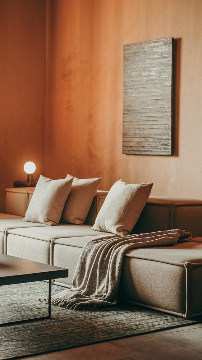 Cream Velvet Sofa With Layered Pillows