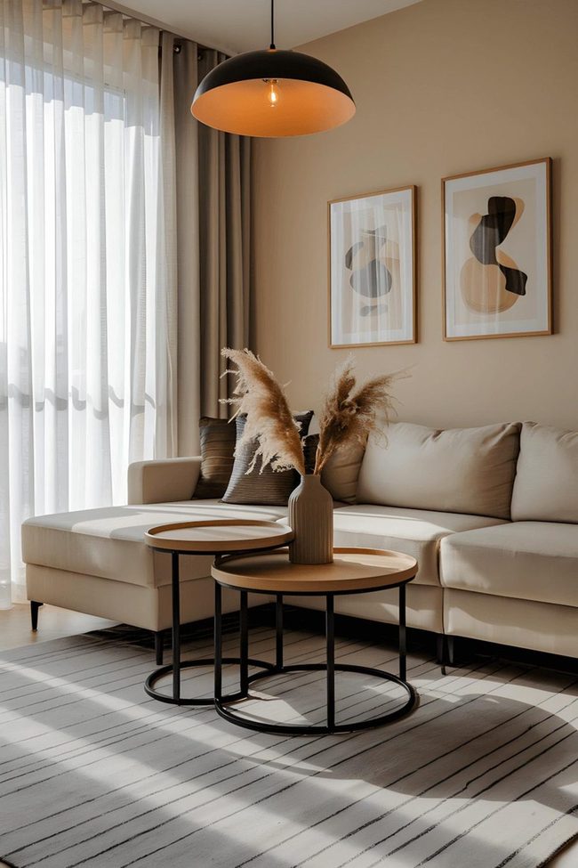 Beige L-Shaped Sofa With Black Pendant Lighting