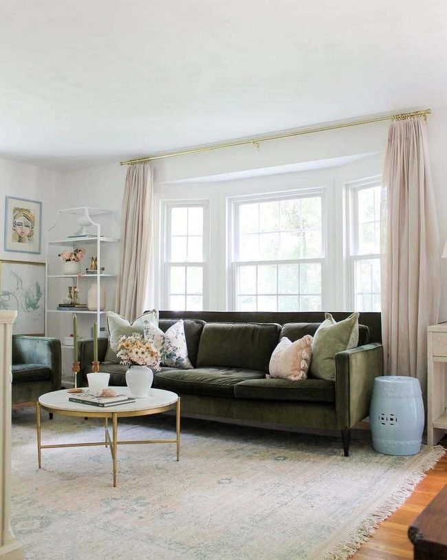 Dark Couch, Brass Accents, Farmhouse