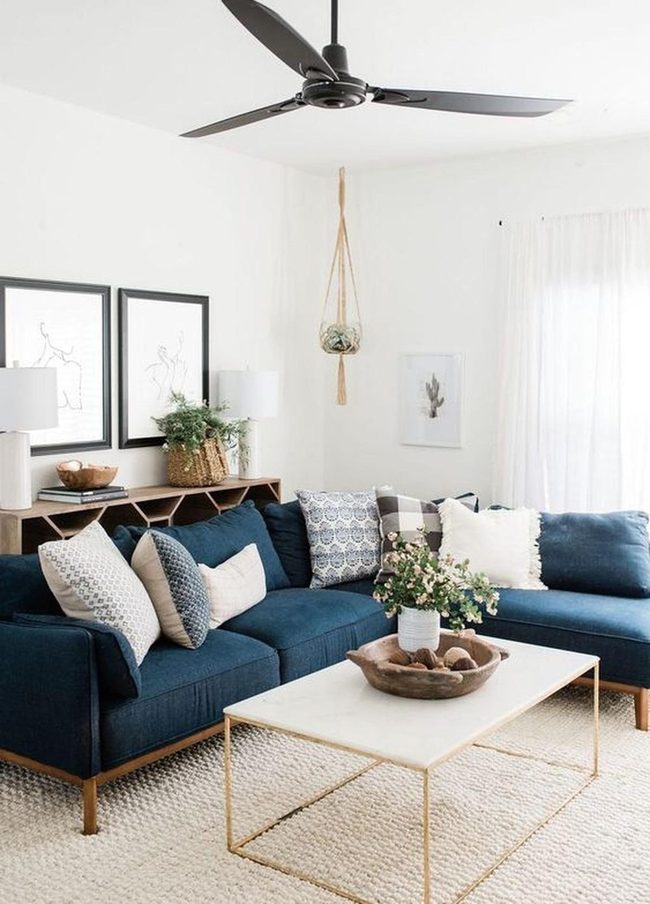 Deep Blue Sectional With Natural Elements
