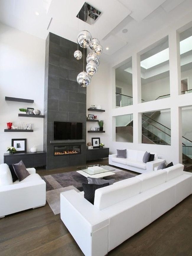 Black Fireplace White Contrast Living