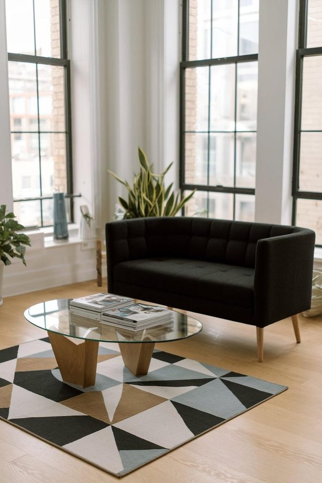 Black Couch Corner with Sunlit Windows