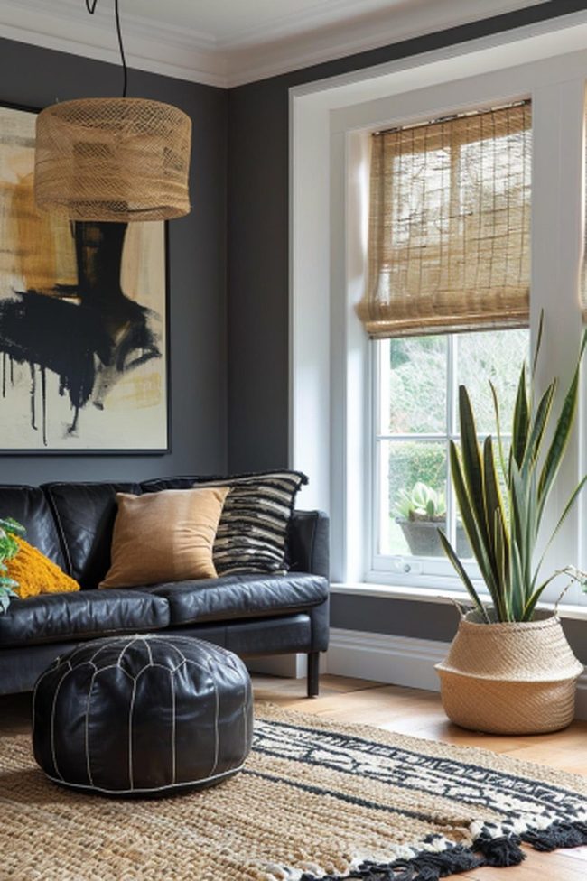 Dark Gray Walls Black Leather Sofa