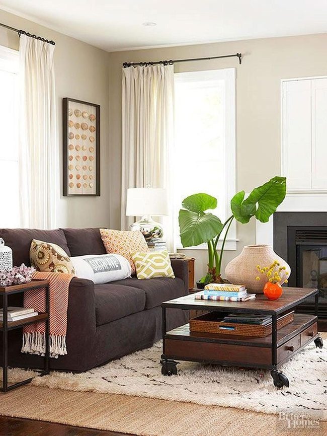 Dark Brown Sofa With Sunny Pillows