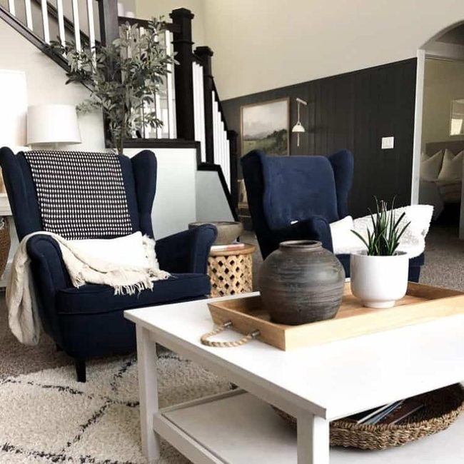 Black Staircase, Blue Accents, Neutral Elegance