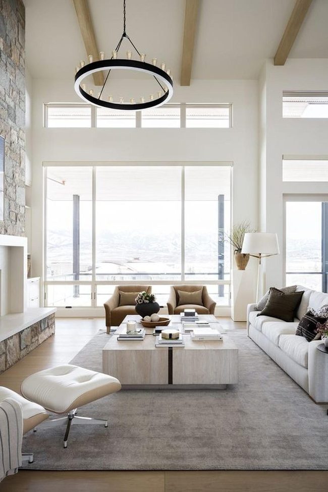 Light Wood Beams Meet Stone Fireplace