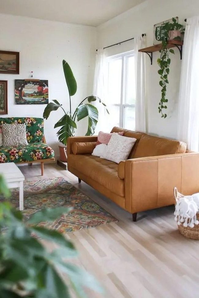 Tan Leather, Colorful Pillows, Green Florals