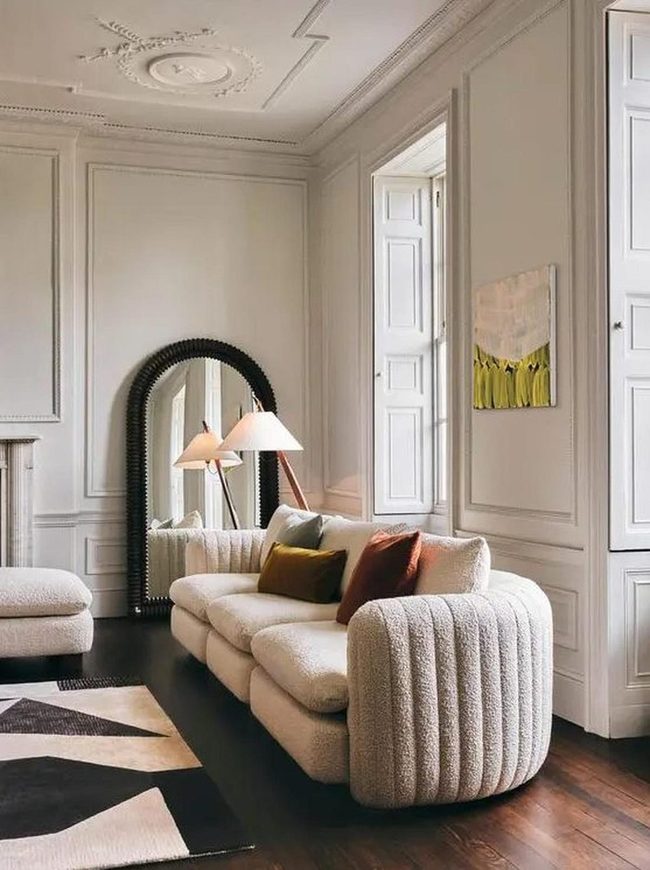 Tall Dark Mirror With Geometric Rug