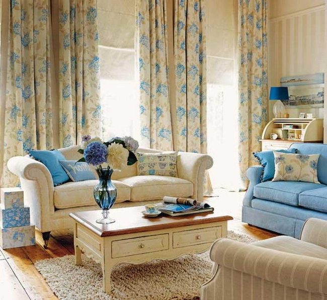 Cream And Blue Floral Living Room