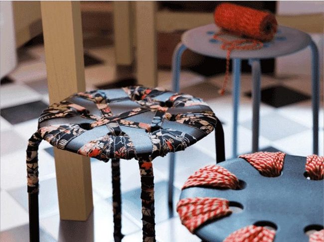 Yarn-Wrapped Stools, Checkered Floor