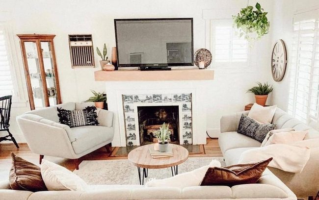 Floating Wood Mantel Fireplace Statement
