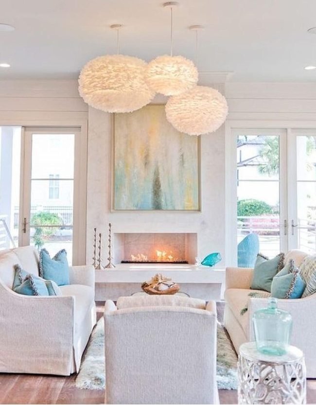 Soft Spheres, Blue Accents, Fireplace