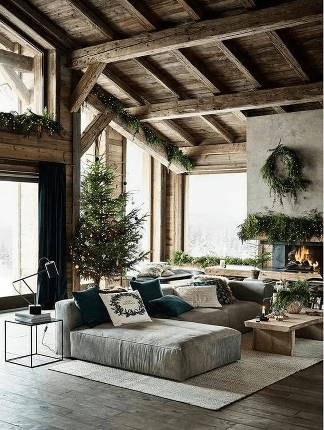 Stone Fireplace Meets Wooden Beams