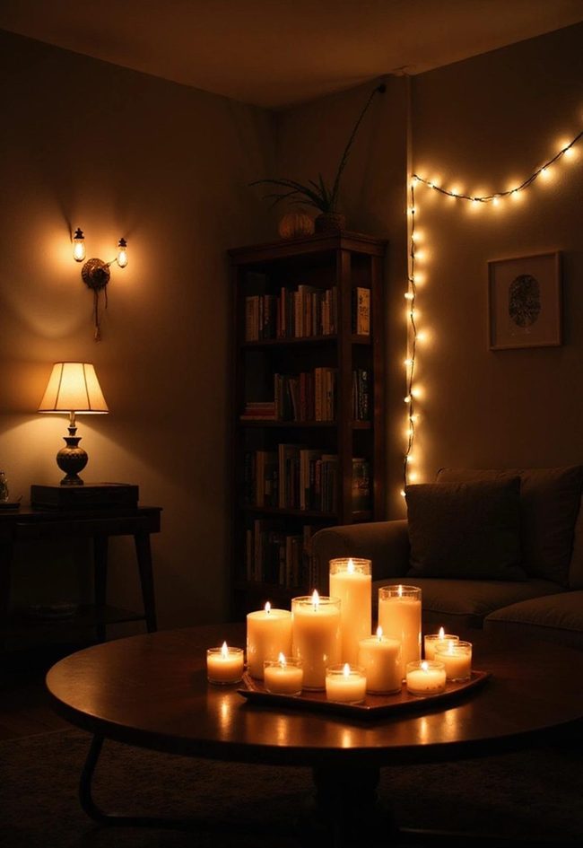 Dark Room Candlelight And Layered Shadows