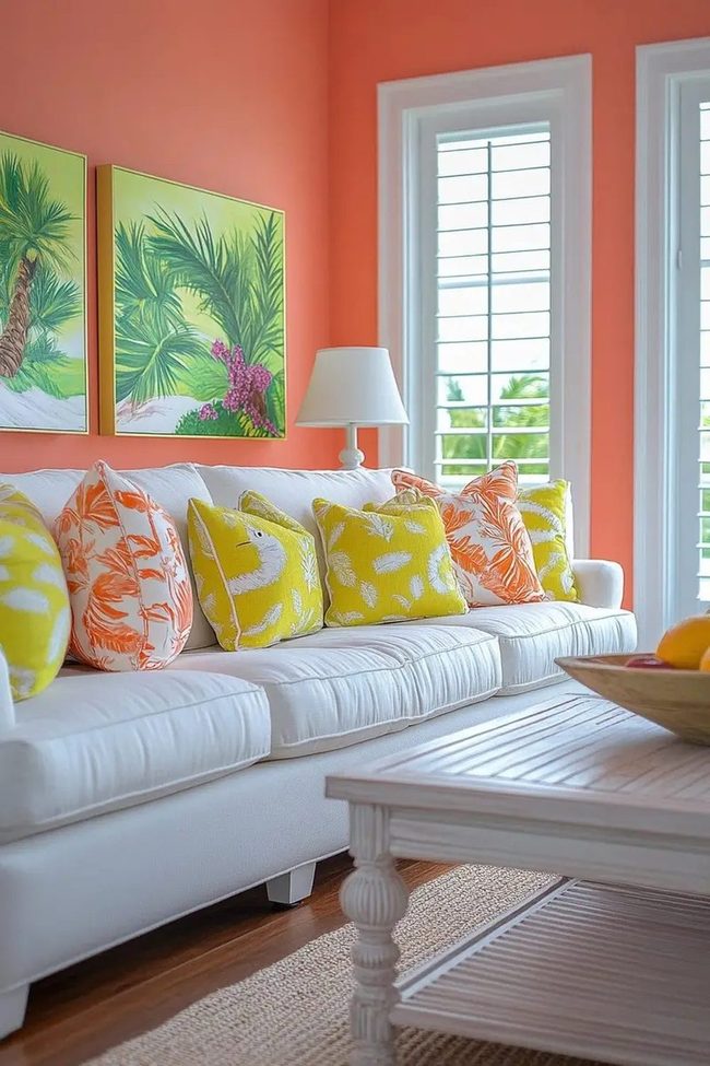 Coral Walls, Yellow Cushions, Tropical Bliss