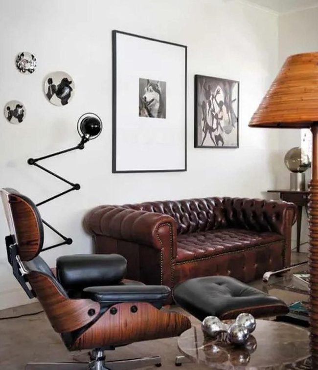 Silver Spheres, Brown Leather, Natural Wood