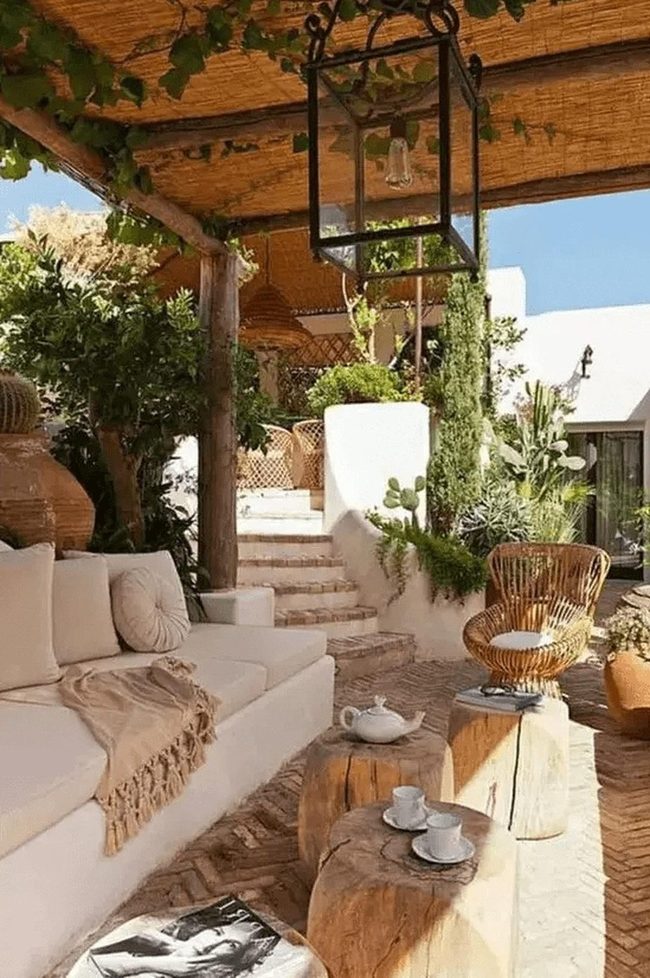 Hanging Lanterns Over Leafy Lounges