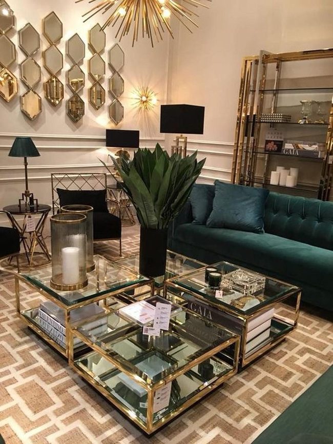 Emerald Upholstery Meets Golden Glass