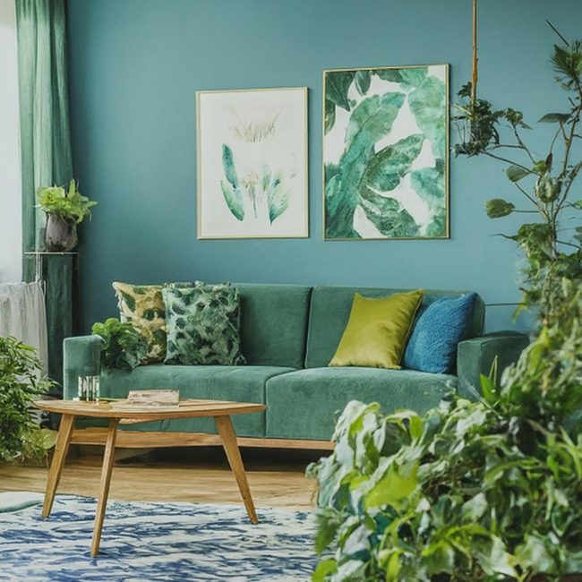 Deep Teal Sofa With Sapphire Accents