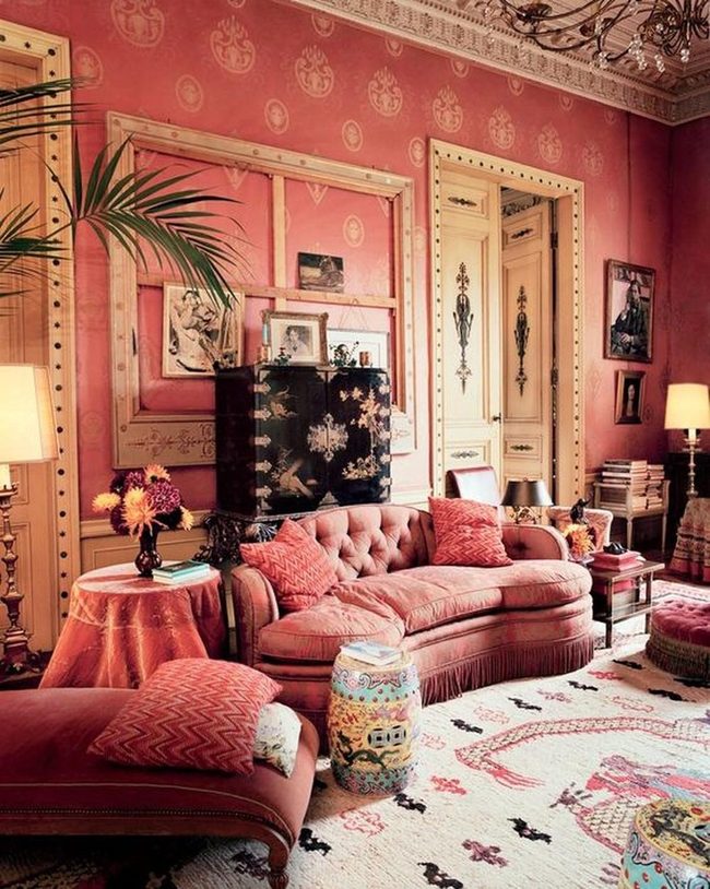 Deep Pink Living Room With Curved Sofas