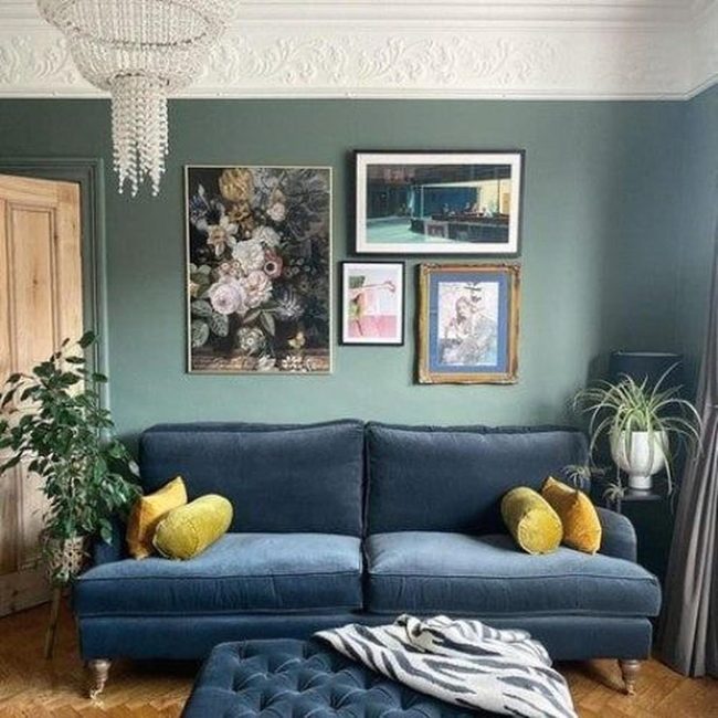 Green Walls Blue Sofa Yellow Accents