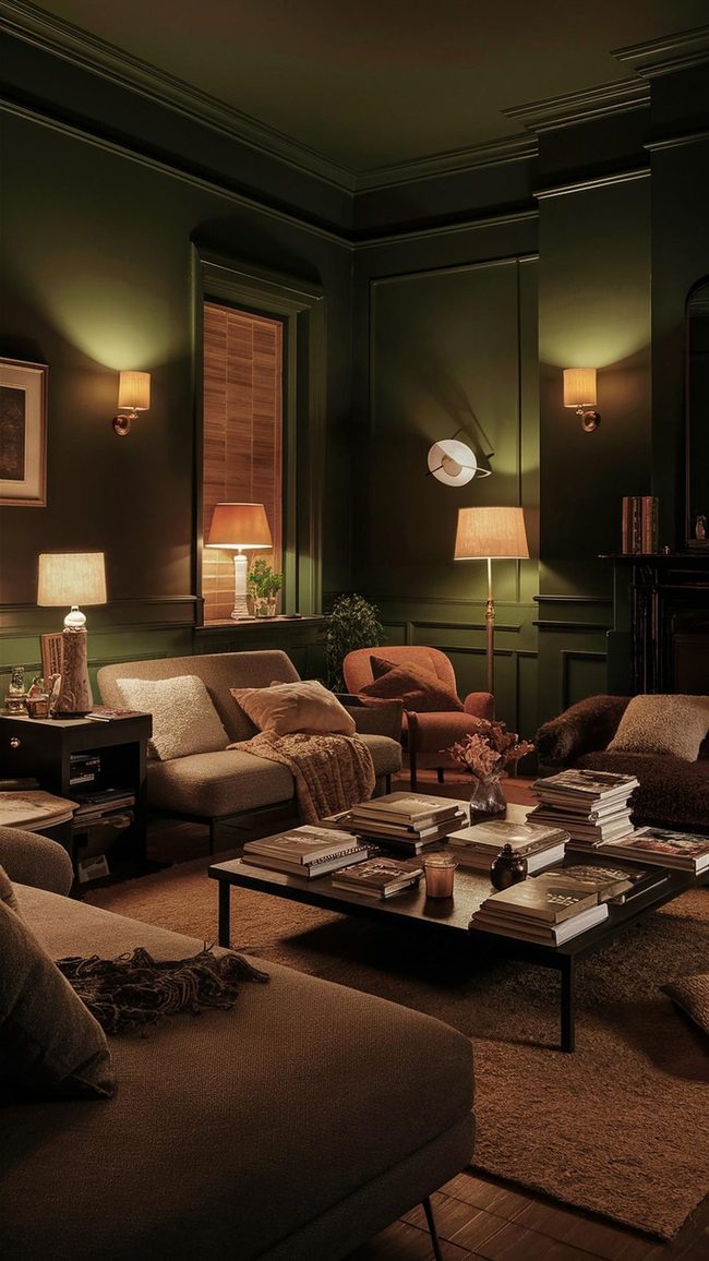 Dark Green Walls with Layered Lighting