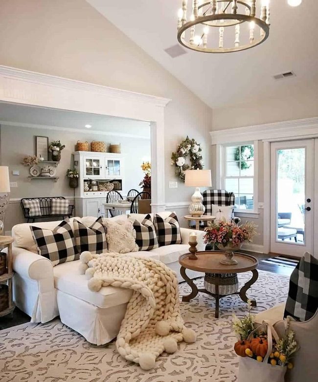 White Plaid Sofa Farmhouse Elegance