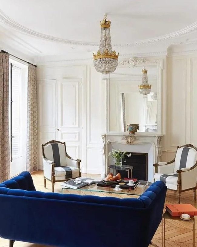 Gold Chandeliers, Striped Chairs, Blue Elegance