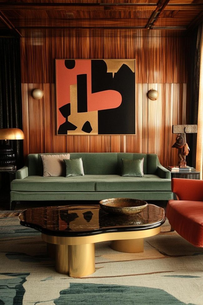 Mid-Century Brass And Seafoam Living Room