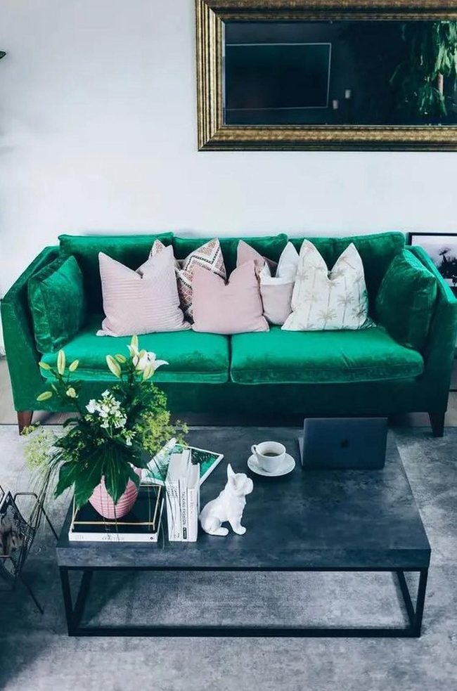 Emerald Couch Centerpiece With Soft Accents
