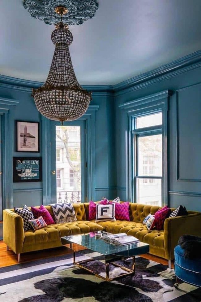Gold Velvet Sofa Meets Teal Walls