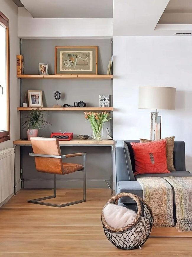 Red Radio Workspace With Gray Couch