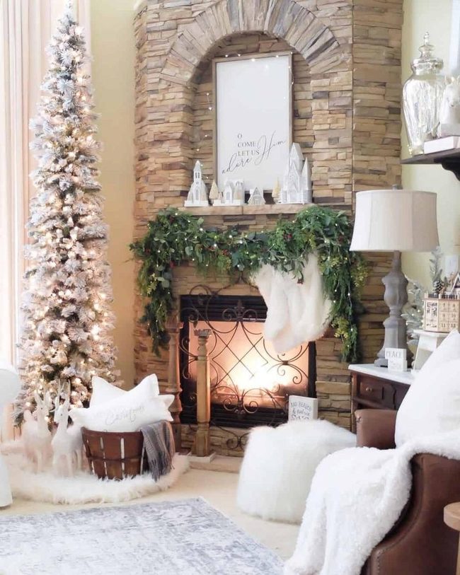 Frosted White Tree Stone Fireplace Contrast