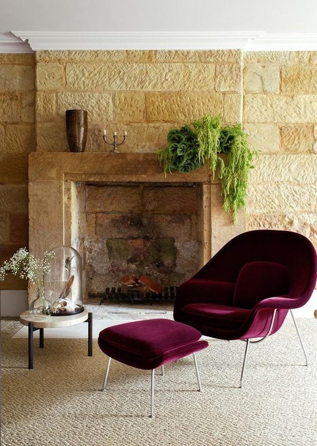 Stone Fireplace With Purple Seating