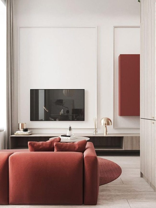 Crimson Sofa, Sunlit Serenity